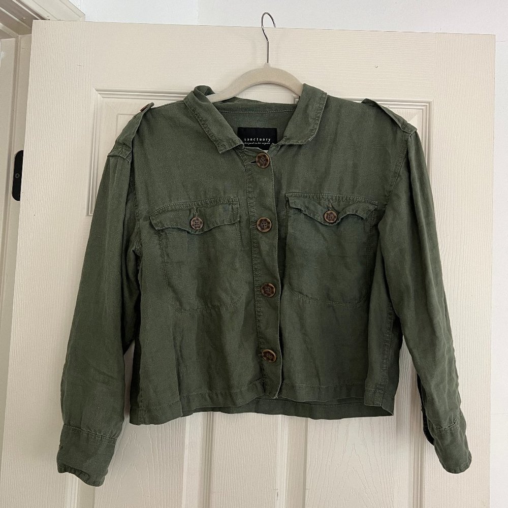 Sanctuary Linen Cropped Button-up, Green, XS